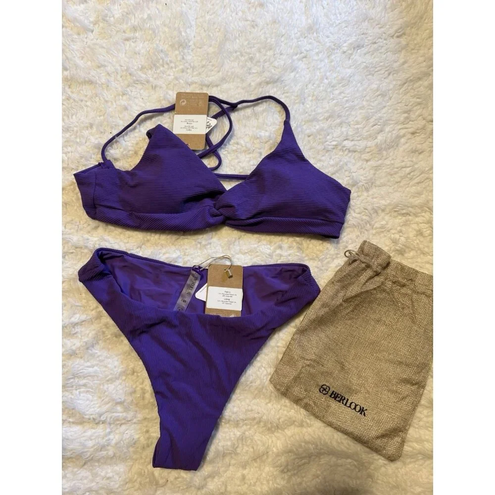 Berlook 2 Piece Strappy Swimsuit Bikini Size S Small Purple Knot Tie NEW W Bag
